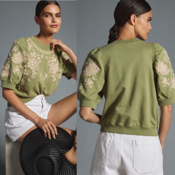 Anthropologie Tops - Anthropologie Embroidered Puff Sleeve Sweatshirt